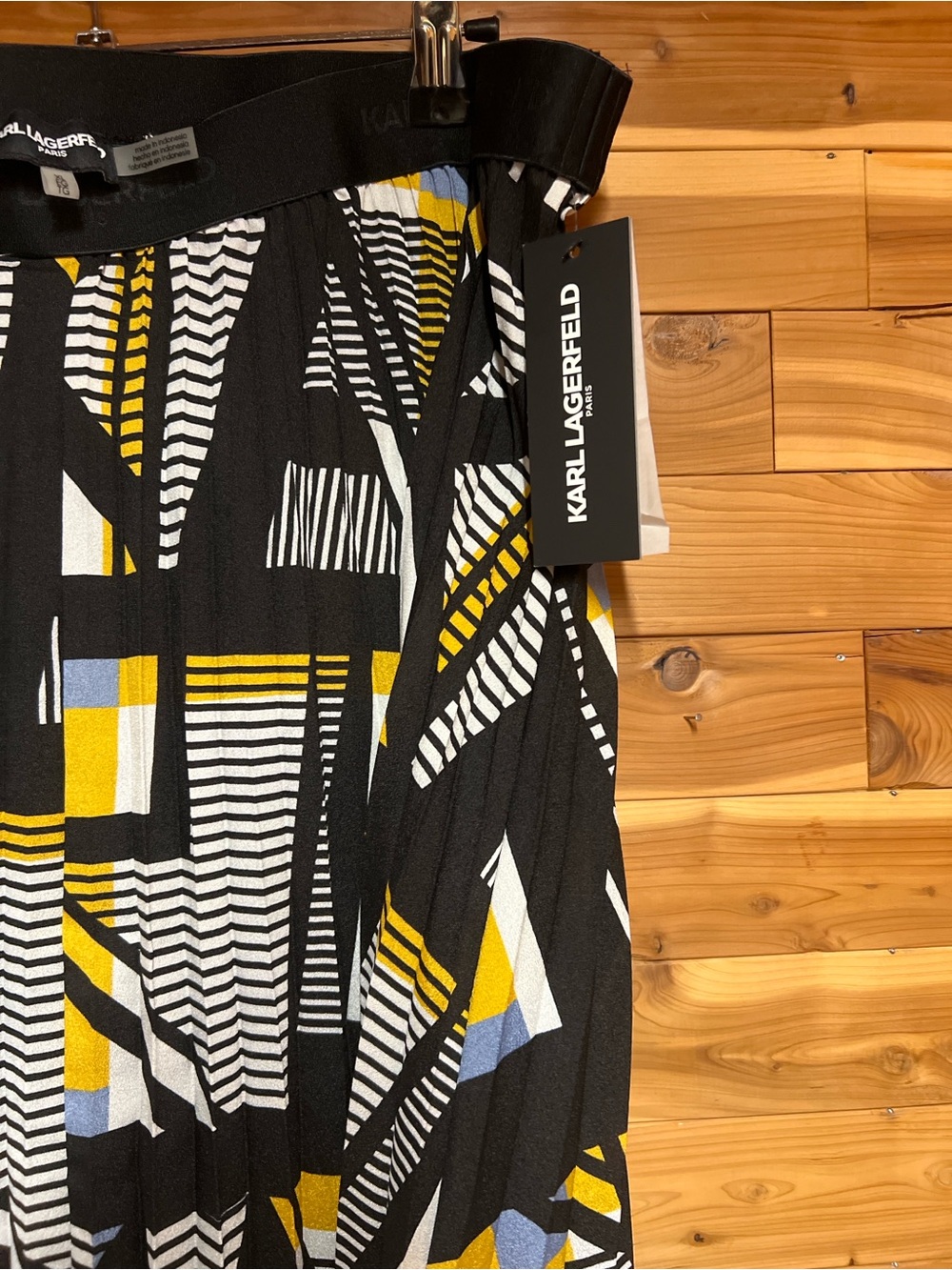 Karl Lagerfeld Black Pleated Skirt with Yellow, White & Blue Geometric Print